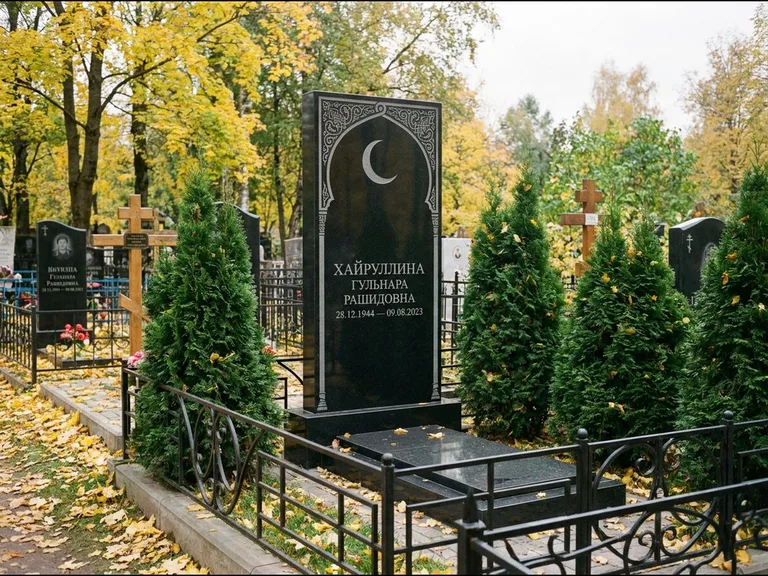 Памятник с гравировкой полумесяца — гравировка полумесяца в восточной арке с орнаментом, работа «Хайруллина» в Норильске