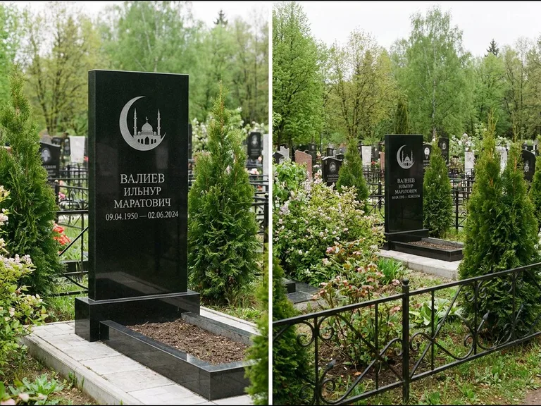 Памятник с гравировкой полумесяца — гравировка полумесяца над силуэтом мечети, работа «Валиев» в Норильске