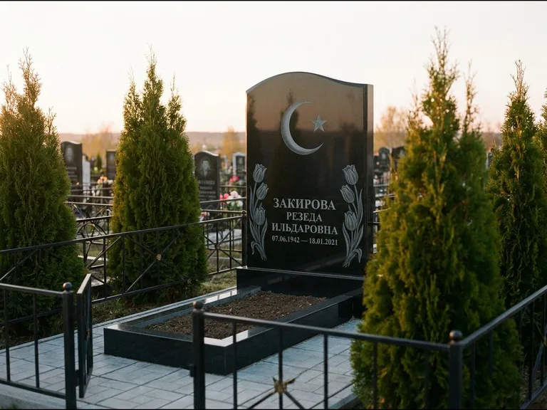 Памятник с гравировкой полумесяца — гравировка полумесяца со звездой и тюльпанами по бокам, работа «Закирова» в Норильске