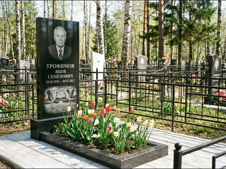 Памятник с гравировкой журавлей — гравировка пары журавлей над гладью озера в нижней части, работа «Трофимов» в Норильске