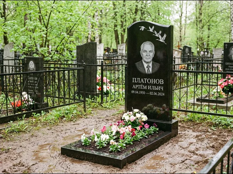 Памятник с гравировкой журавлей — белая гравировка клина журавлей, уходящего в верхний угол ст, работа «Платонов» в Норильске