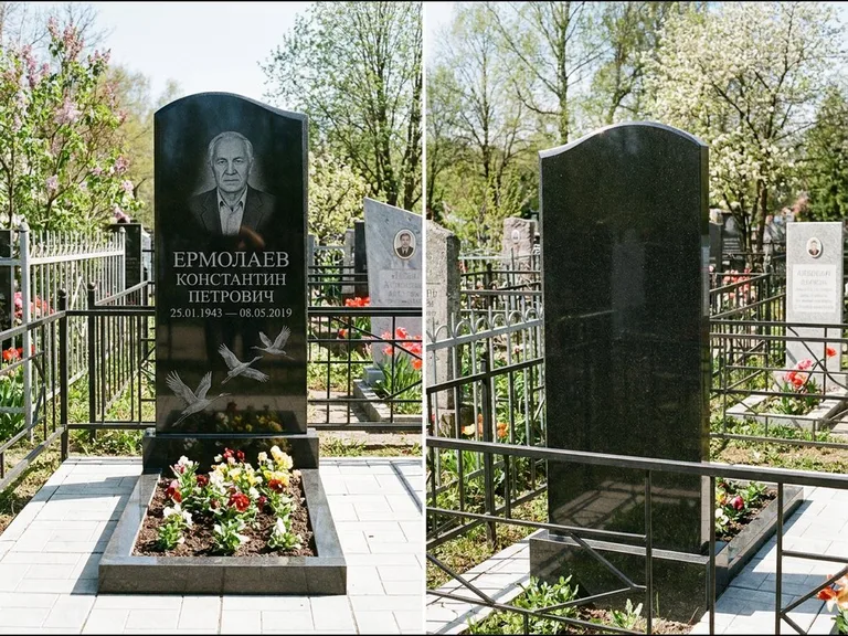 Памятник с гравировкой журавлей — гравировка трёх журавлей по диагонали через свободное поле с, работа «Ермолаев» в Норильске