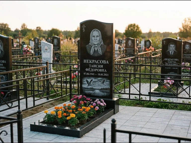 Памятник с гравировкой журавлей — гравировка пары журавлей над гладью озера в нижней части, работа «Некрасова» в Норильске
