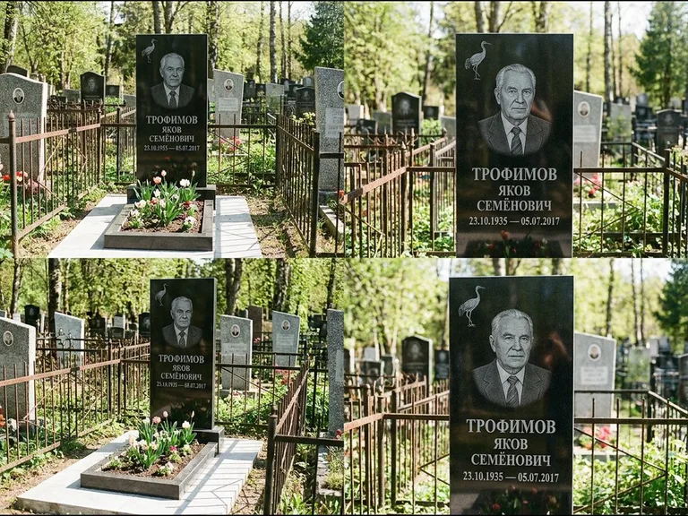 Памятник с гравировкой журавлей — гравировка одиночного летящего журавля над портретом, работа «Трофимов» в Норильске