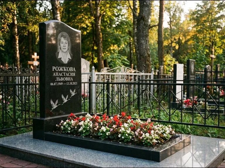 Памятник с гравировкой журавлей — гравировка трёх журавлей по диагонали через свободное поле с, работа «Рожкова» в Норильске