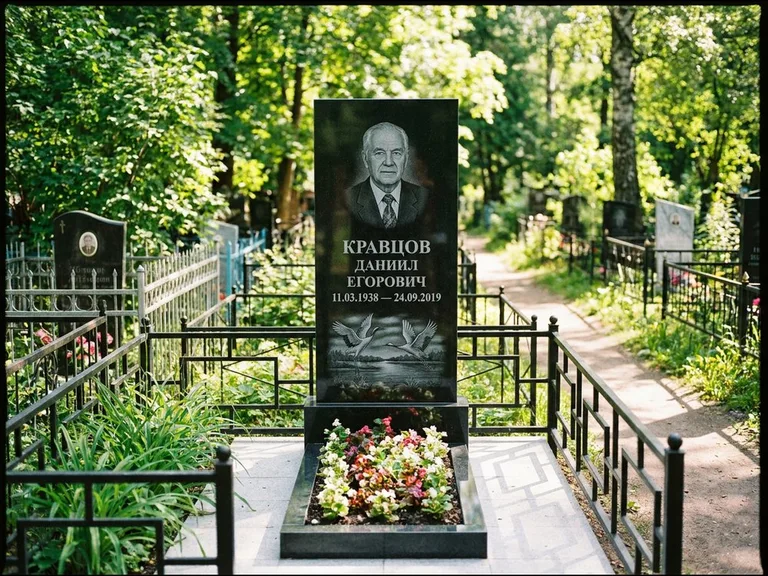 Памятник с гравировкой журавлей — гравировка пары журавлей над гладью озера в нижней части, работа «Кравцов» в Норильске