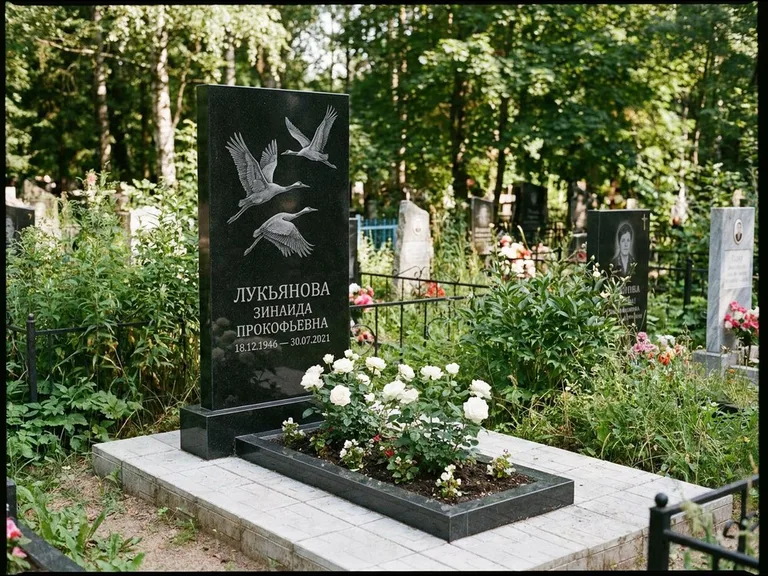 Памятник с гравировкой журавлей — гравировка журавлей, работа «Лукьянова» в Норильске