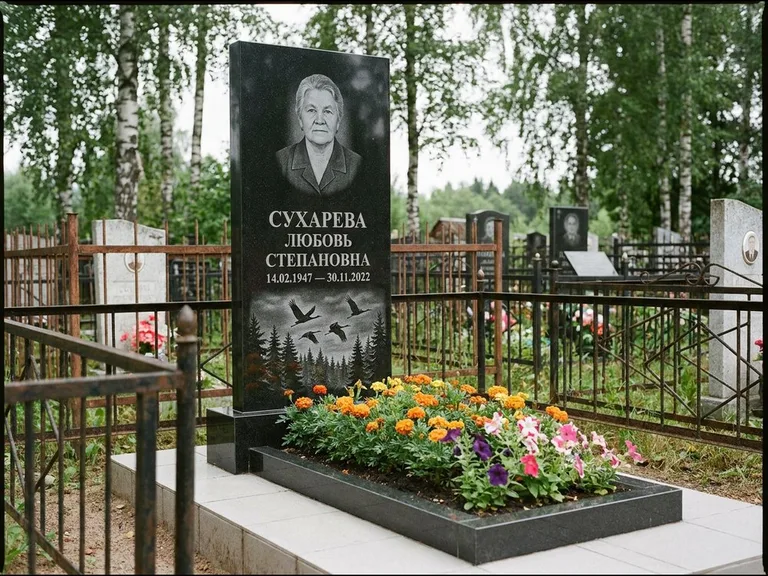 Памятник с гравировкой журавлей — гравировка силуэтов журавлей над еловым лесом, работа «Сухарева» в Норильске