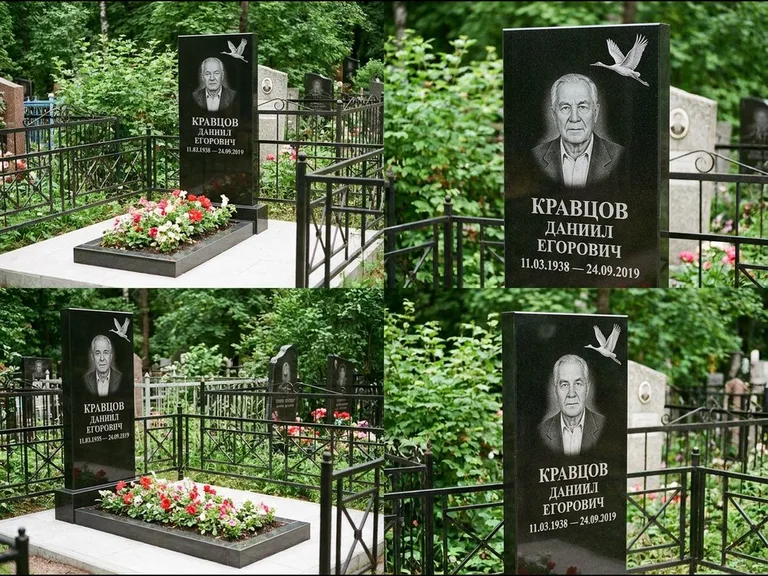 Памятник с гравировкой журавлей — белая гравировка клина журавлей, уходящего в верхний угол ст, работа «Кравцов» в Норильске
