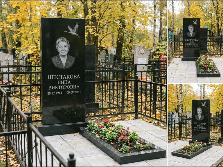 Памятник с гравировкой журавлей — гравировка одиночного летящего журавля над портретом, работа «Шестакова» в Норильске