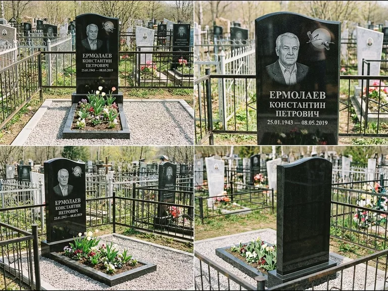 Памятник с гравировкой журавлей — гравировка клина журавлей на фоне солнечного диска, работа «Ермолаев» в Норильске