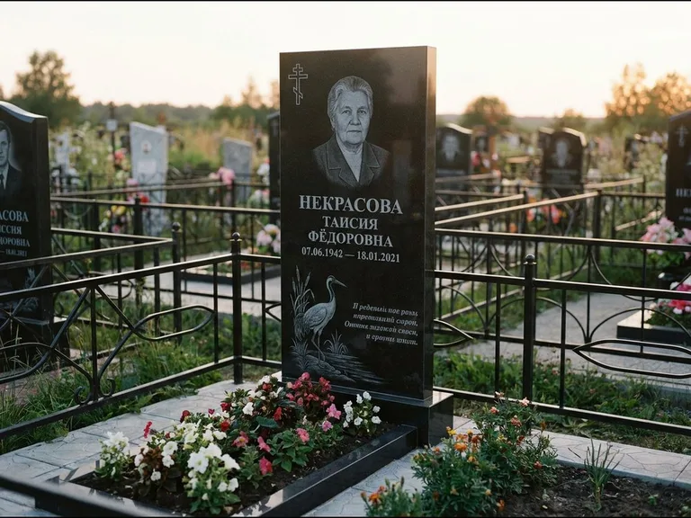 Памятник с гравировкой журавлей — гравировка журавля у камышей рядом с эпитафией, работа «Некрасова» в Норильске