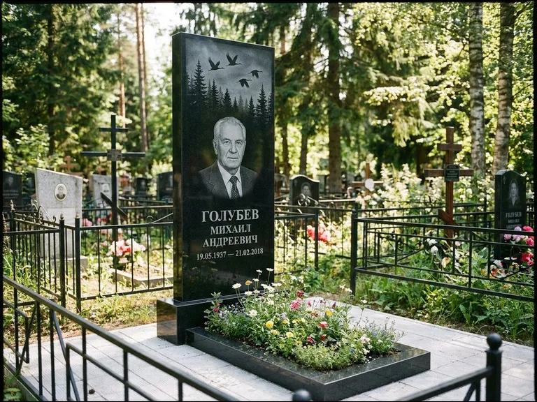 Памятник с гравировкой журавлей — гравировка силуэтов журавлей над еловым лесом, работа «Голубев» в Норильске