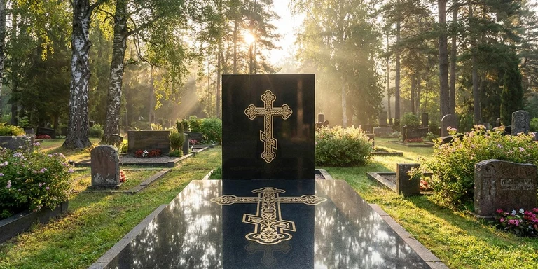 Гравировка креста на памятнике в Норильске — православный восьмиконечный крест на граните