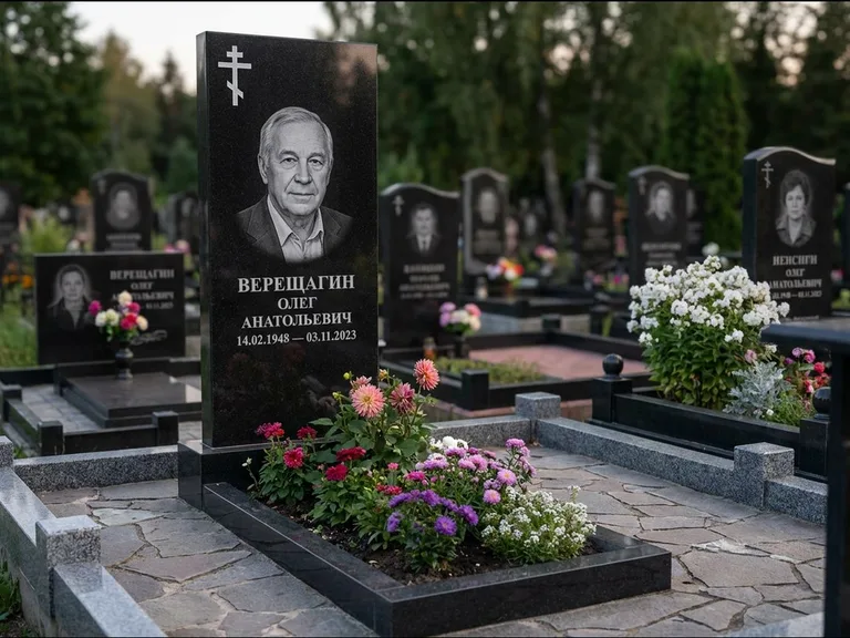 Памятник из чёрного гранита — горизонтальная плита-стела с православным восьмиконечным крестом, работа «Тихонов» в Норильске