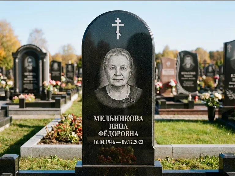 Памятник из чёрного гранита — стела с резным навершием с латинским крестом, работа «Савельева» в Норильске