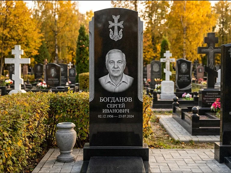 Памятник из чёрного гранита — круглая стела-медальон с армянским хачкаром, работа «Ковалёв» в Норильске
