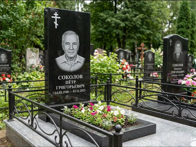 Памятник из чёрного гранита — стела с арочным верхом с православным восьмиконечным крестом, работа «Ковалёв» в Норильске