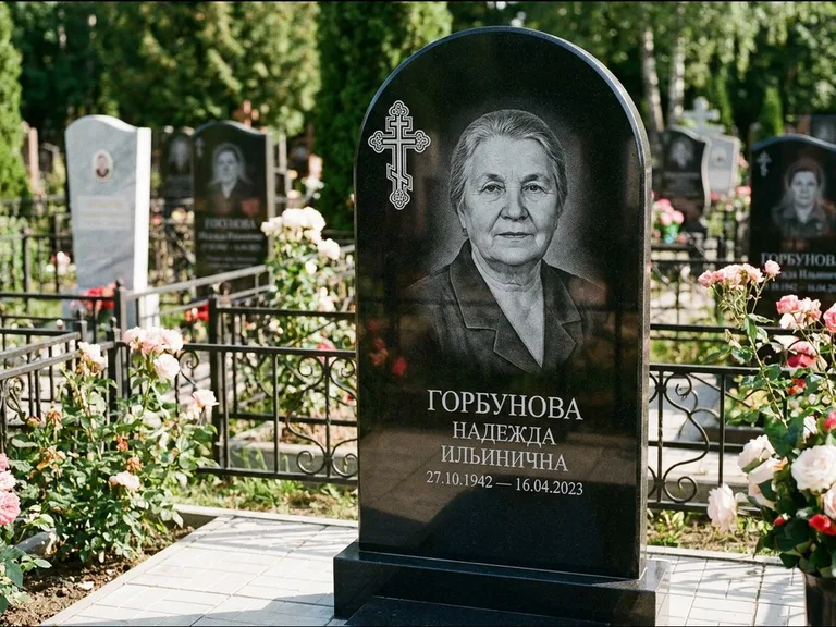 Памятник из чёрного гранита — стела с боковой колонной с крестом в лучах, работа «Мельникова» в Норильске