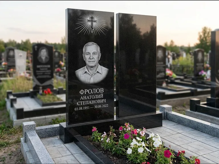 Памятник из чёрного гранита — стела на ступенчатом постаменте с золочёным крестом, работа «Богданов» в Норильске