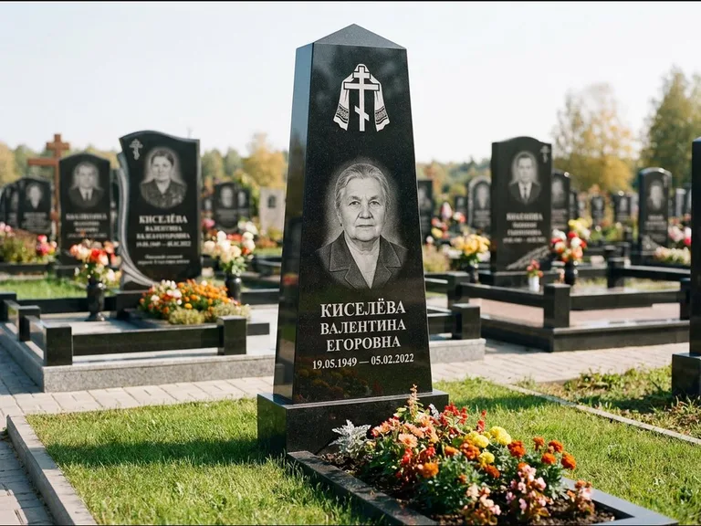 Памятник из чёрного гранита — стела со скошенным верхом с ажурным резным крестом, работа «Селезнёва» в Норильске