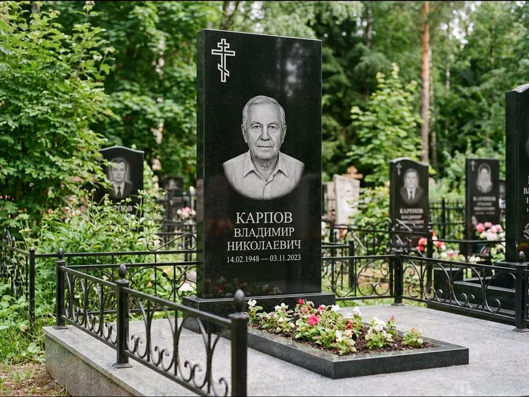 Памятник из чёрного гранита — узкая стела с ажурным крестом с православным восьмиконечным крестом, работа «Гущин» в Норильске