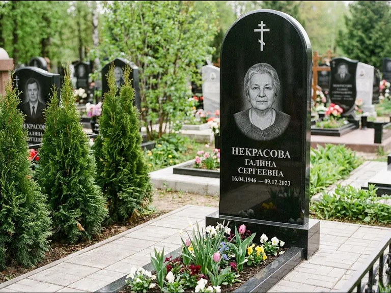Памятник из чёрного гранита — стела с цветником-плитой с латинским крестом, работа «Лаврентьева» в Норильске