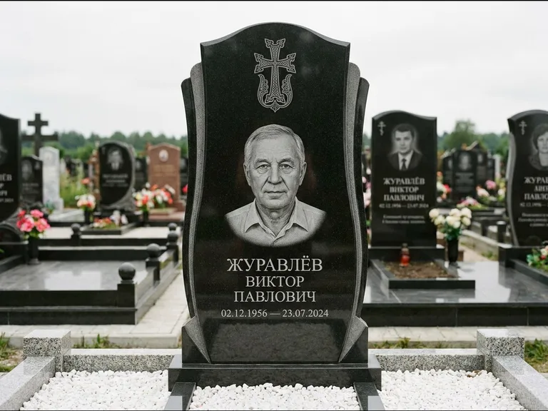 Памятник из чёрного гранита — панорамная стела с армянским хачкаром, работа «Тихонов» в Норильске
