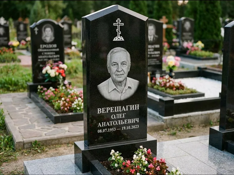 Памятник из чёрного гранита — обелиск-колонна с крестом на Голгофе, работа «Ковалёв» в Норильске