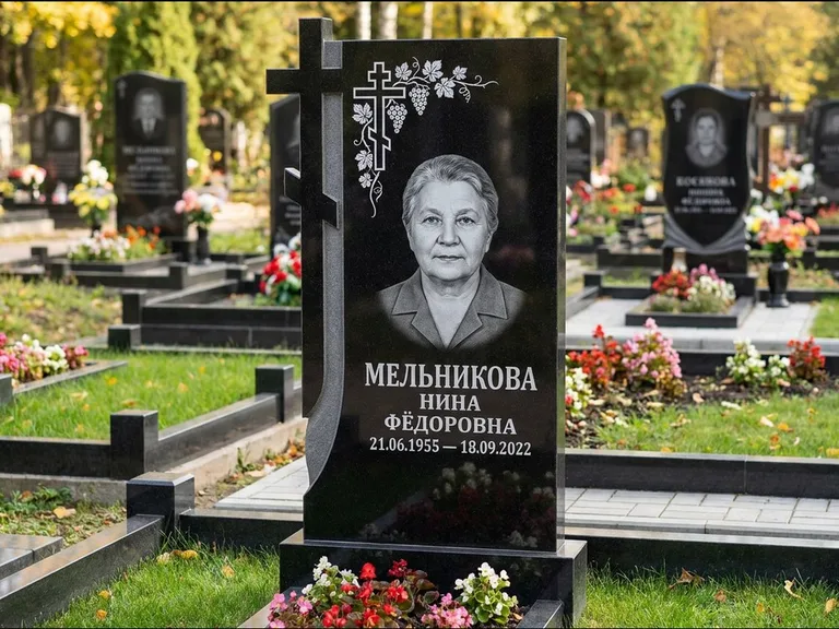 Памятник из чёрного гранита — стела с резной рамкой с крестом с распятием, работа «Некрасова» в Норильске