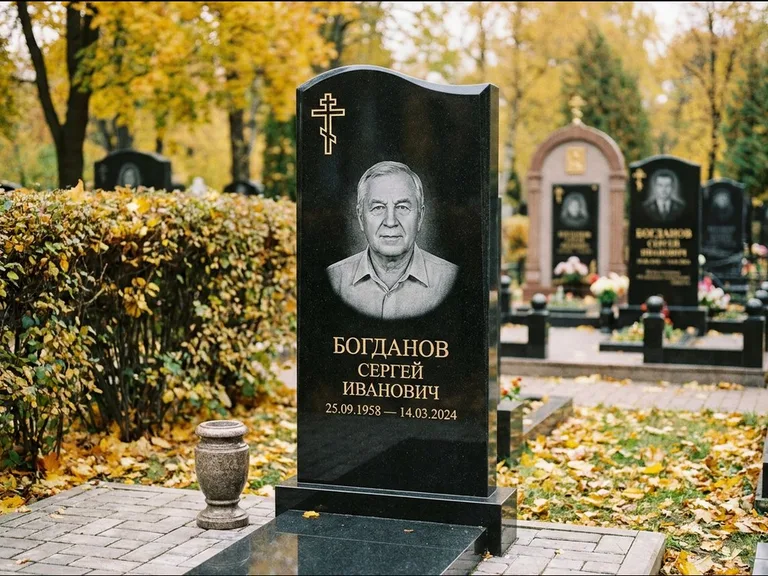 Памятник из чёрного гранита — стела с цветником с процветшим крестом с виноградной лозой, работа «Журавлёв» в Норильске