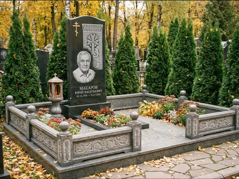 Памятник из чёрного гранита — стела с крестом и лампадой с армянским хачкаром, работа «Гущин» в Норильске