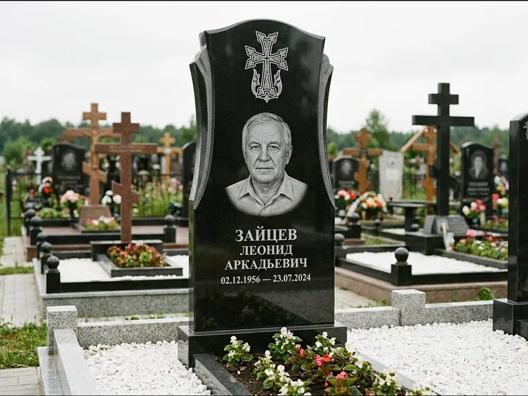 Памятник из чёрного гранита — семейная стела на двоих с армянским хачкаром, работа «Журавлёв» в Норильске