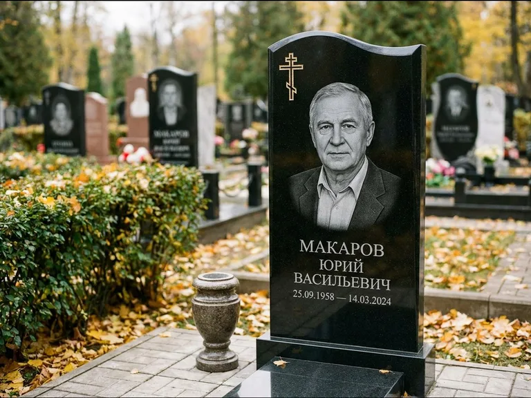Памятник из чёрного гранита — фигурная стела с киот-нишей с процветшим крестом с виноградной лозой, работа «Богданов» в Норильске