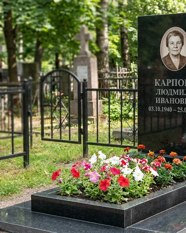 Памятник под ключ с низкой оградой и цветником в Норильске