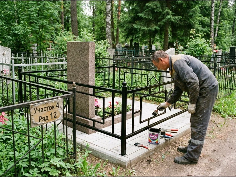 Покраска оградки на кладбище в Норильске — мастер красит металлическую ограду на могиле чёрной эмалью