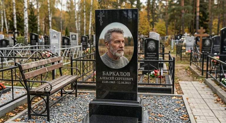 Овальный портрет на стекле на чёрной гранитной стеле в Норильске