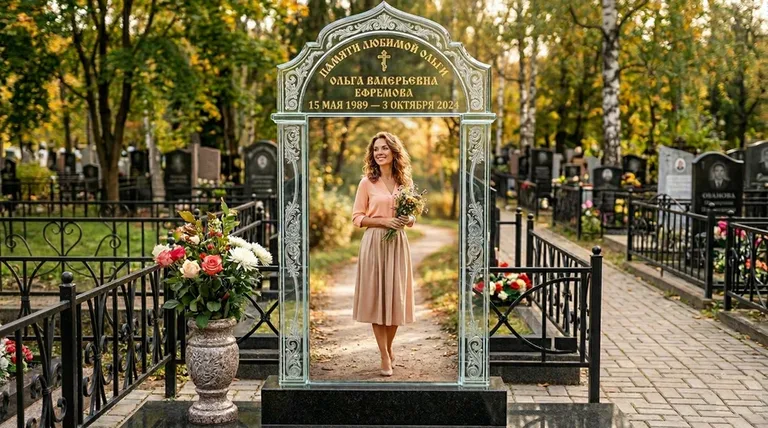 Портрет на стекле в форме арки на памятнике в Норильске
