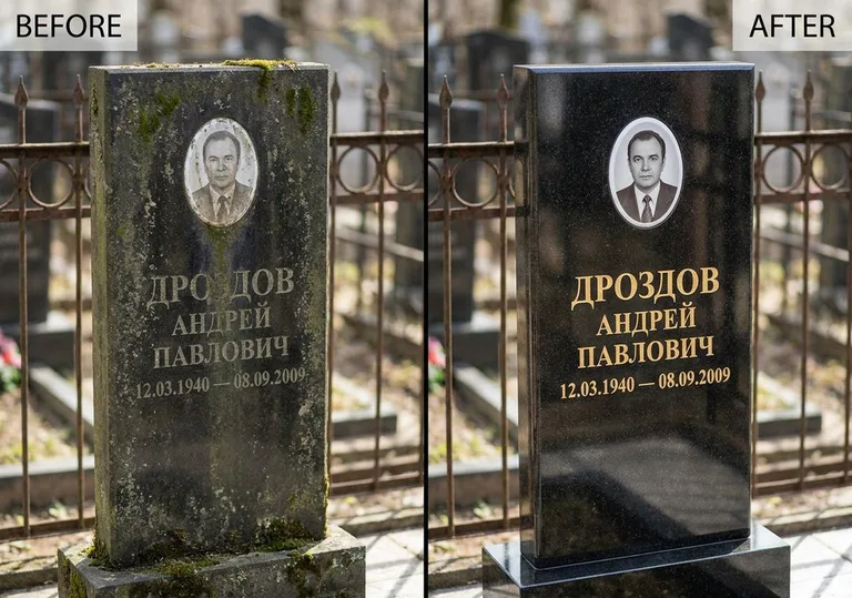 Чистка и полировка гранитного памятника: до и после в Норильске