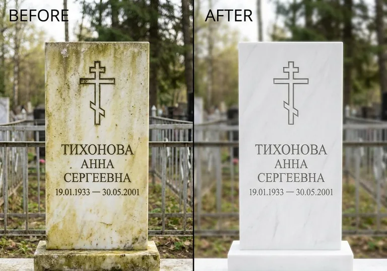 Восстановление мраморного надгробия от желтизны: до и после в Норильске