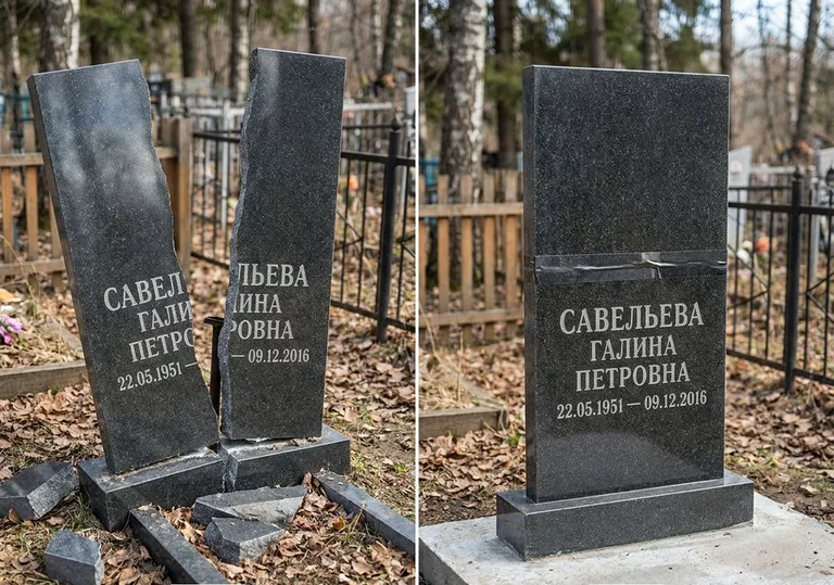 Склейка расколотого гранитного памятника: до и после в Норильске