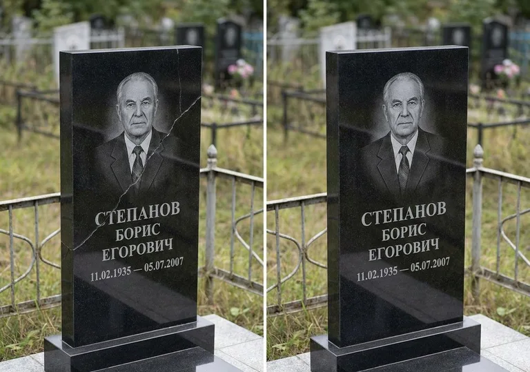 Восстановление надписи и портрета на памятнике: до и после в Норильске