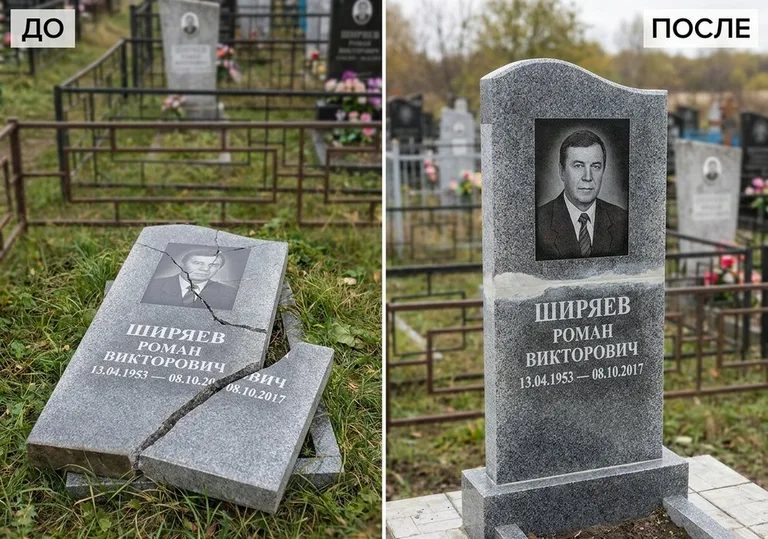 Обновление золочёных букв на граните: до и после в Норильске