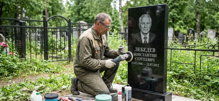 Реставрация памятника в Норильске — восстановление гранита, заделка трещин и обновление надписей на кладбище