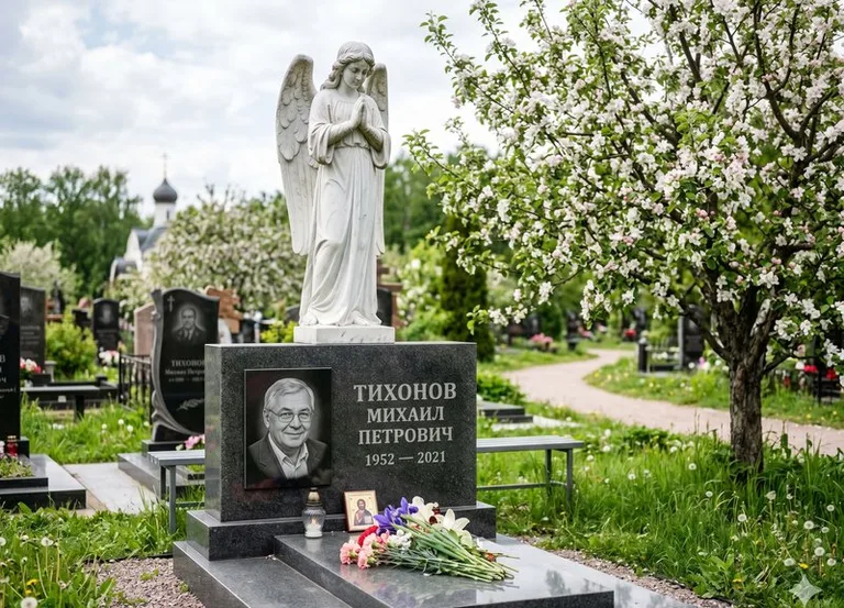 Мраморный молящийся ангел на гранитном памятнике весной в Норильске