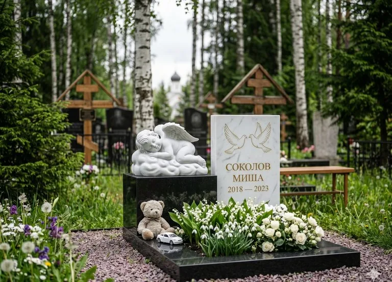 Белый ангелочек на детском памятнике в Норильске
