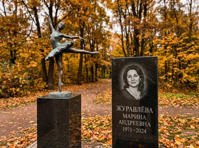 Бронзовая балерина на постаменте рядом со стелой осенью в Норильске