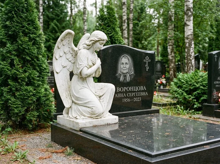 Белый мраморный ангел на гранитном памятнике в Норильске