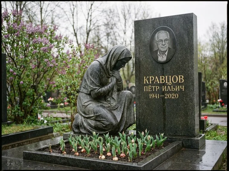 Гранитная скорбящая фигура у стелы на кладбище в Норильске