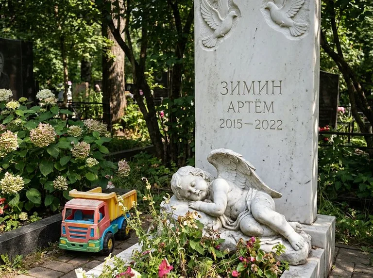 Спящий ангелочек на детском памятнике в Норильске
